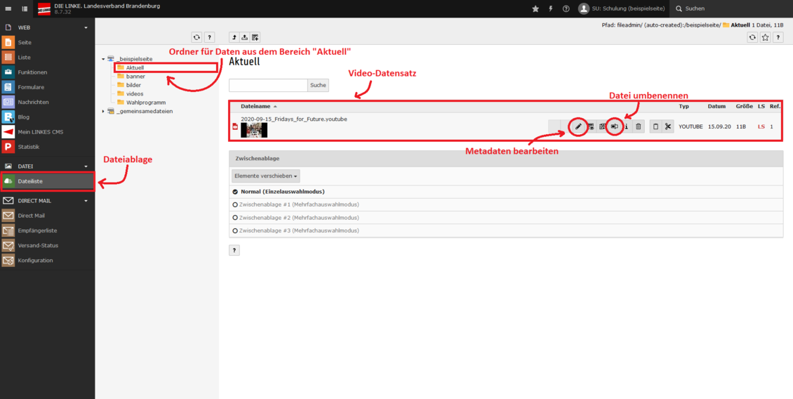 Screenshot des Typo3-Backends mit Anmerkungen und Pfeilen