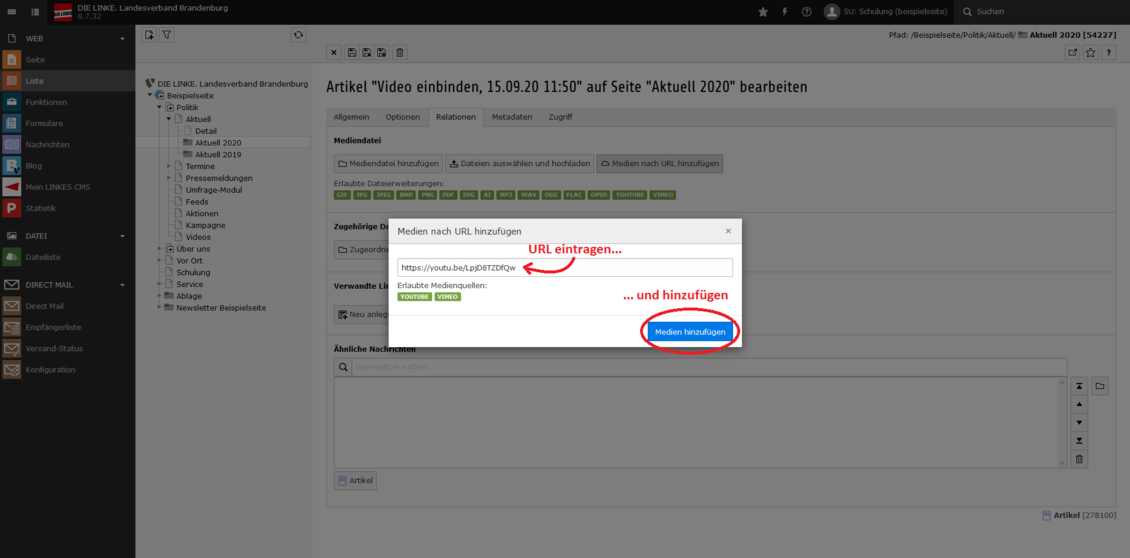 Screenshot des Typo3-Backends mit Anmerkungen und Pfeilen