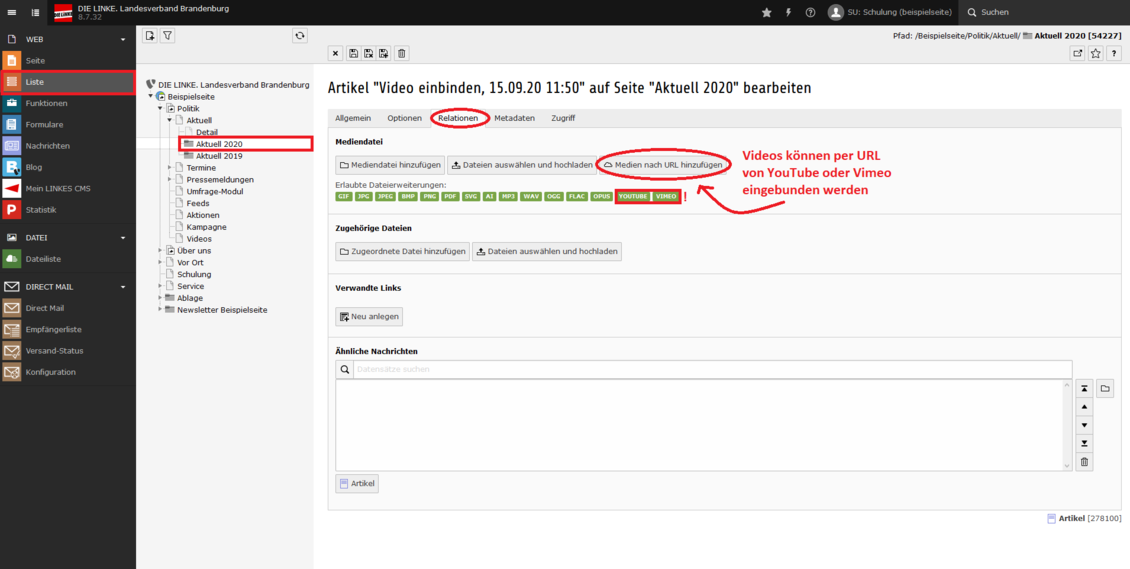 Screenshot des Typo3-Backends mit Anmerkungen und Pfeilen