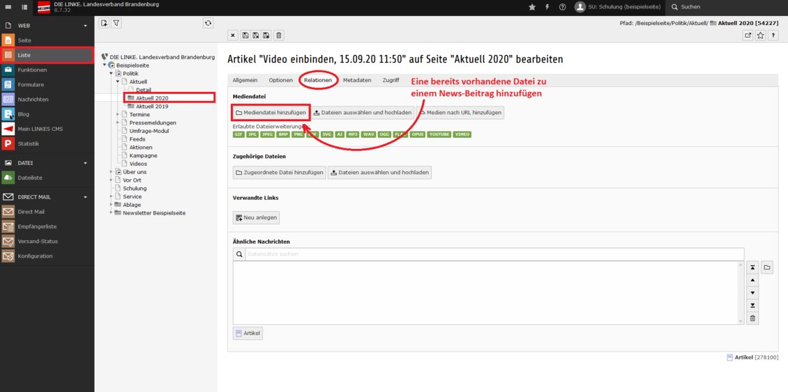 Screenshot des Typo3-Backends mit Anmerkungen und Pfeilen