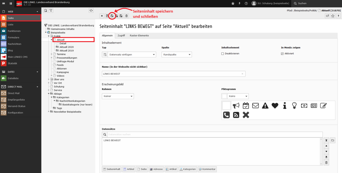 Screenshot des Typo3-Backends mit Anmerkungen und Pfeilen