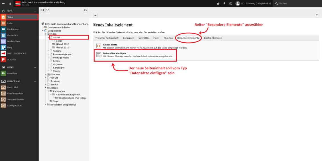 Screenshot des Typo3-Backends mit Anmerkungen und Pfeilen