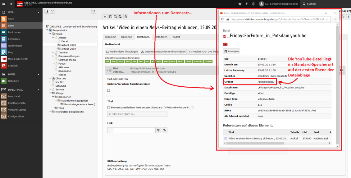 Screenshot des Typo3-Backends mit Anmerkungen und Pfeilen