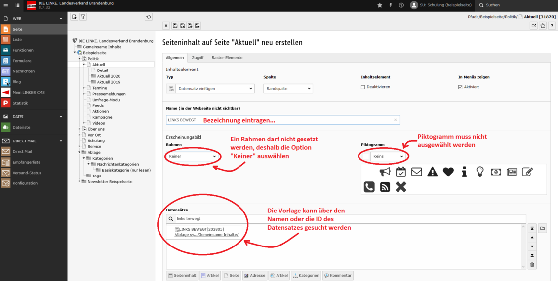 Screenshot des Typo3-Backends mit Anmerkungen und Pfeilen